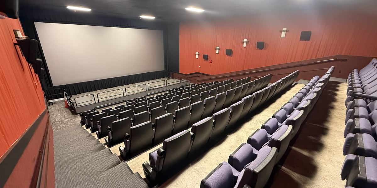 Inside The Screenhouse — 120 seats facing the 35-foot cinema screen